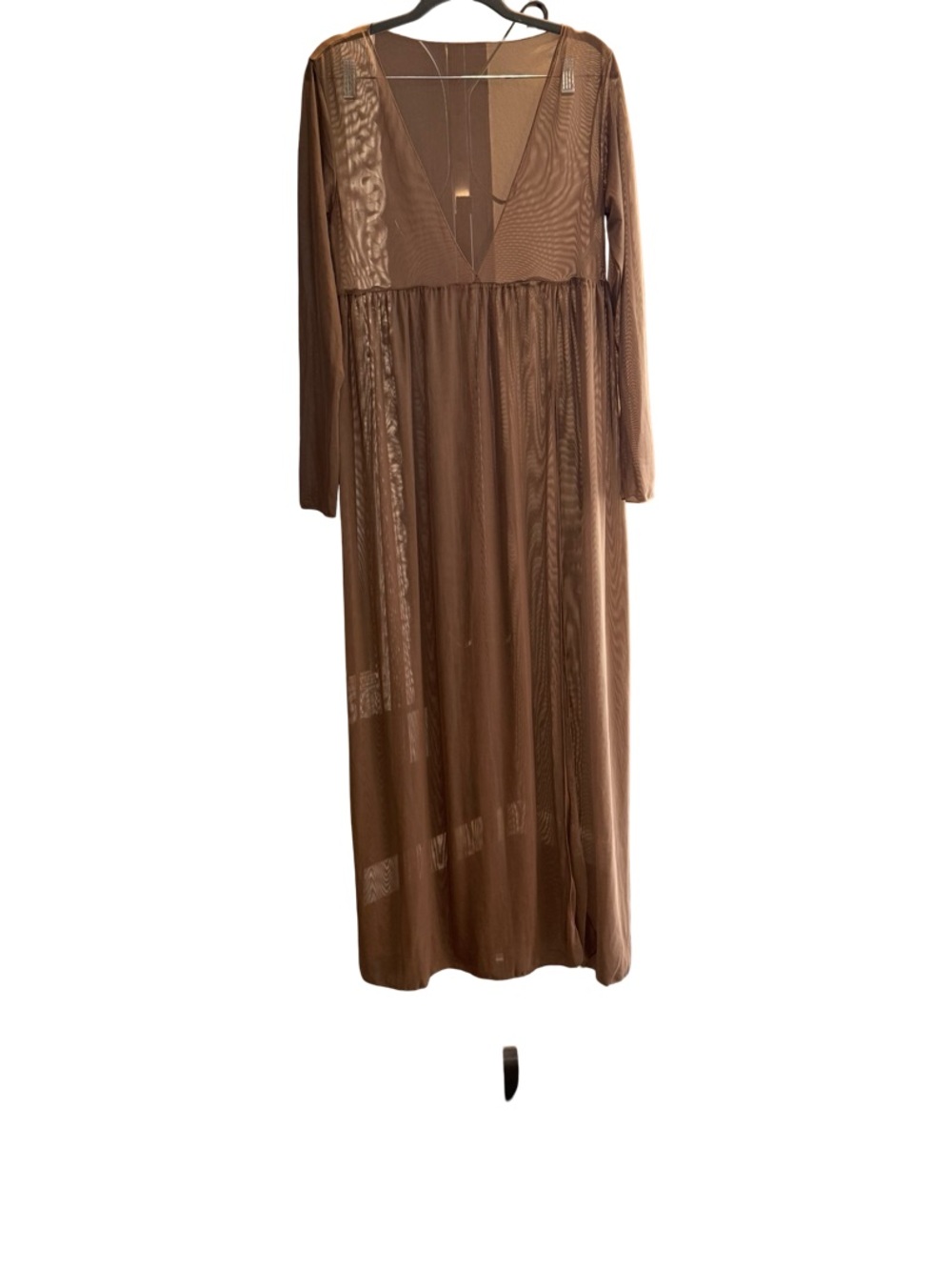 Sheer Nude Mesh Maxi Dress with Deep V and Layered Skirt - Picture 7 of 9